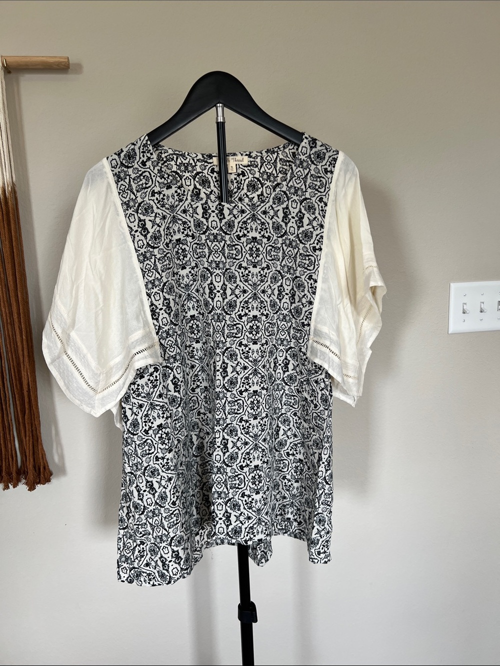 Hem & Thread Black and Cream Printed Flutter Sleeve Top